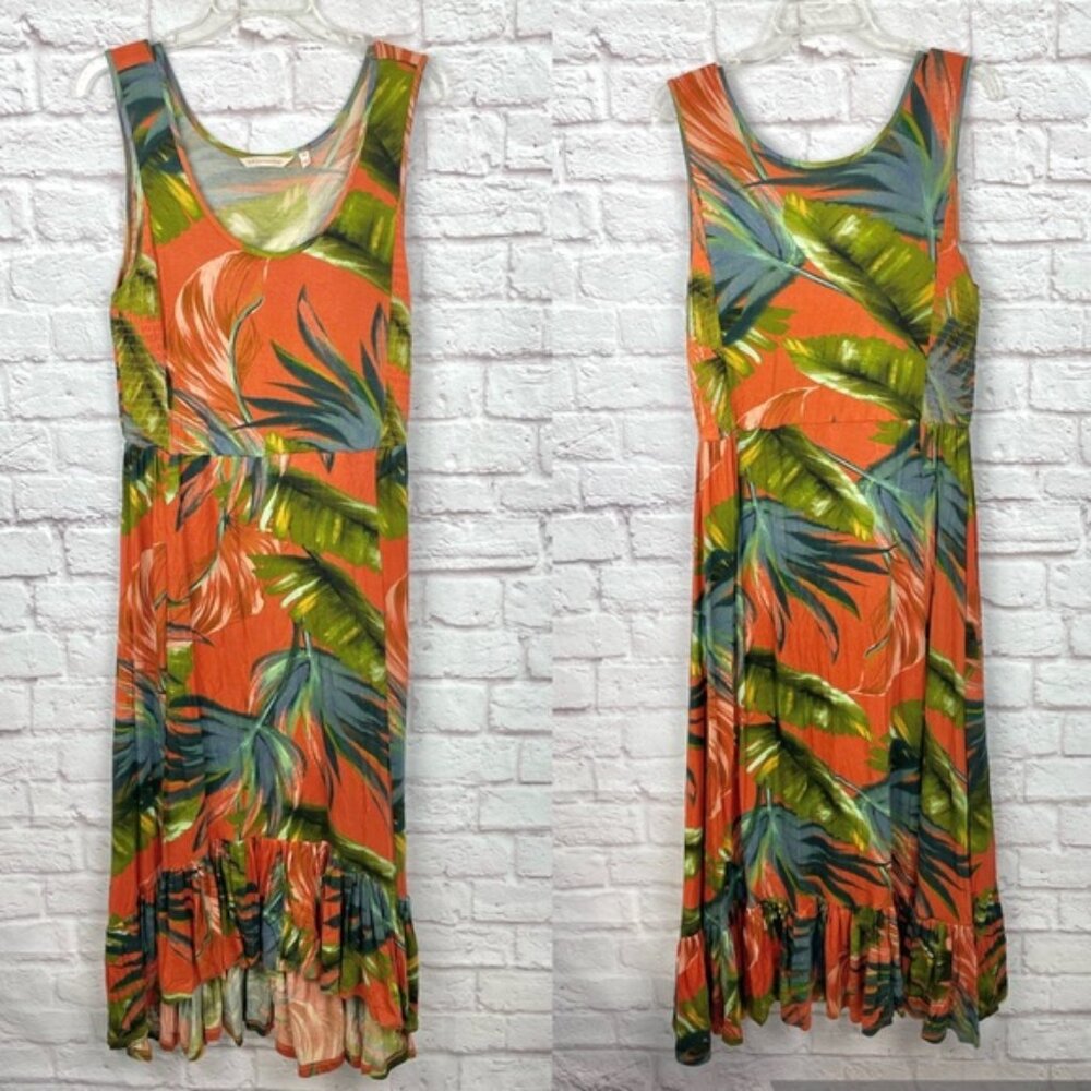 Soft Surroundings Fabiana Palm Floral Orange Tropical Maxi Dress Medium Petite